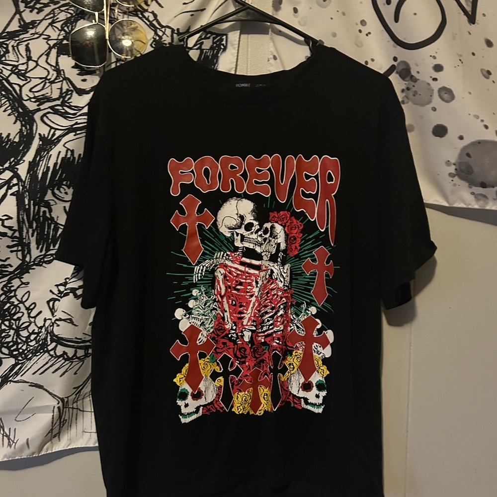 Black Graphic Tee with Skeleton Design